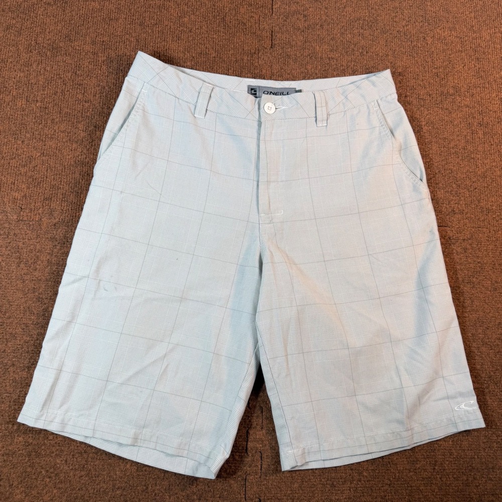 A+ O'Neill Hybrid Shorts Mens 32 Gray Plaid Polyester Viscose Flat Front Casual